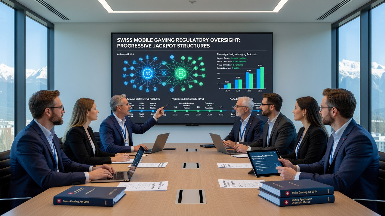 Data analysts reviewing progressive jackpot logs on multiple screens in a Swiss regulatory office